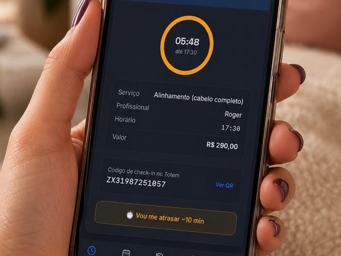 App do cliente do Calenda num celular, com contagem regressiva do agendamento e código de check-in