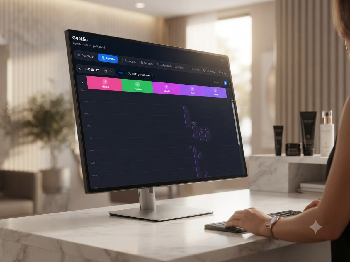 Painel de gestão do Calenda num monitor, agenda do dia por profissional
